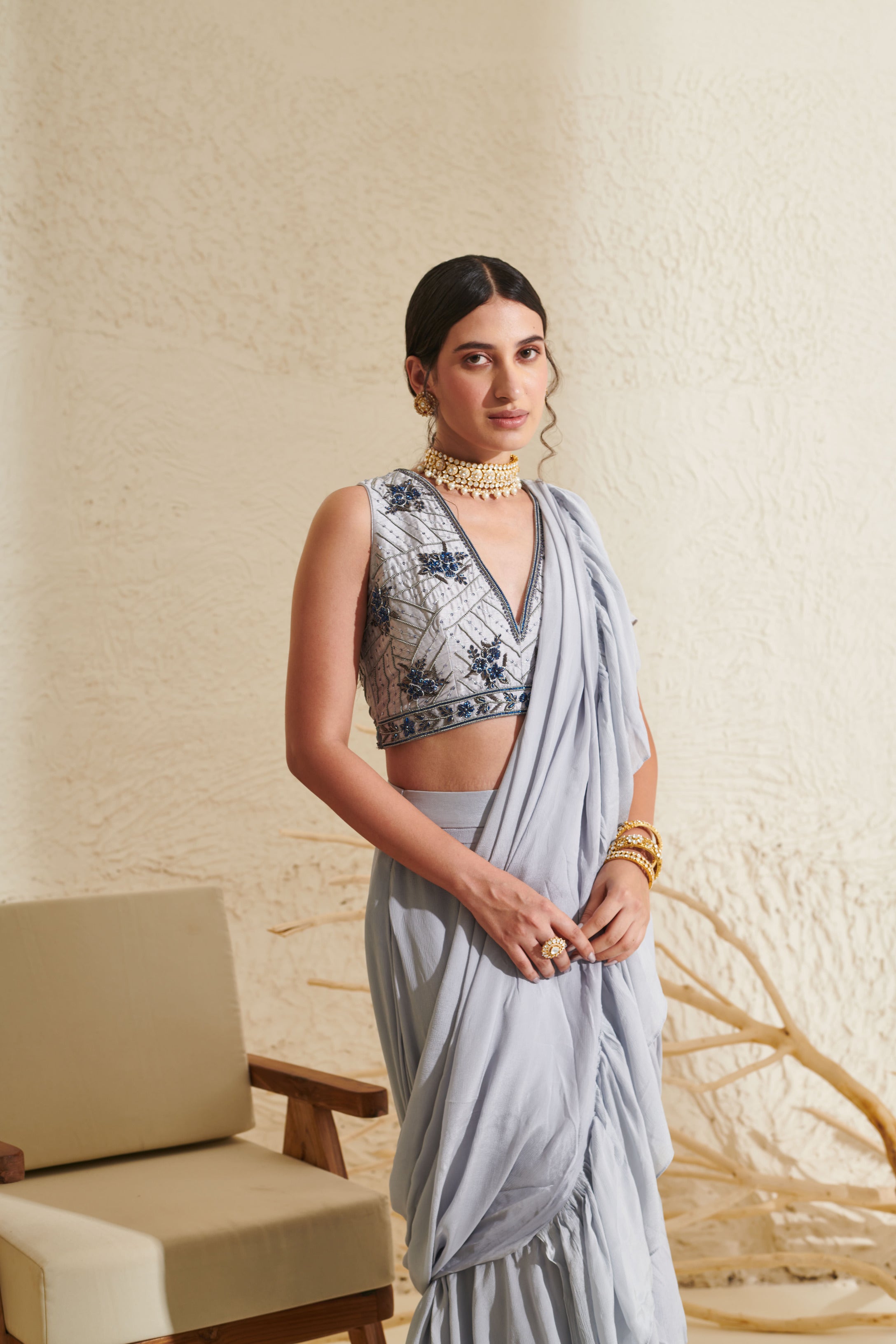 Harbor Haze Draped-Corset Saree – Awigna