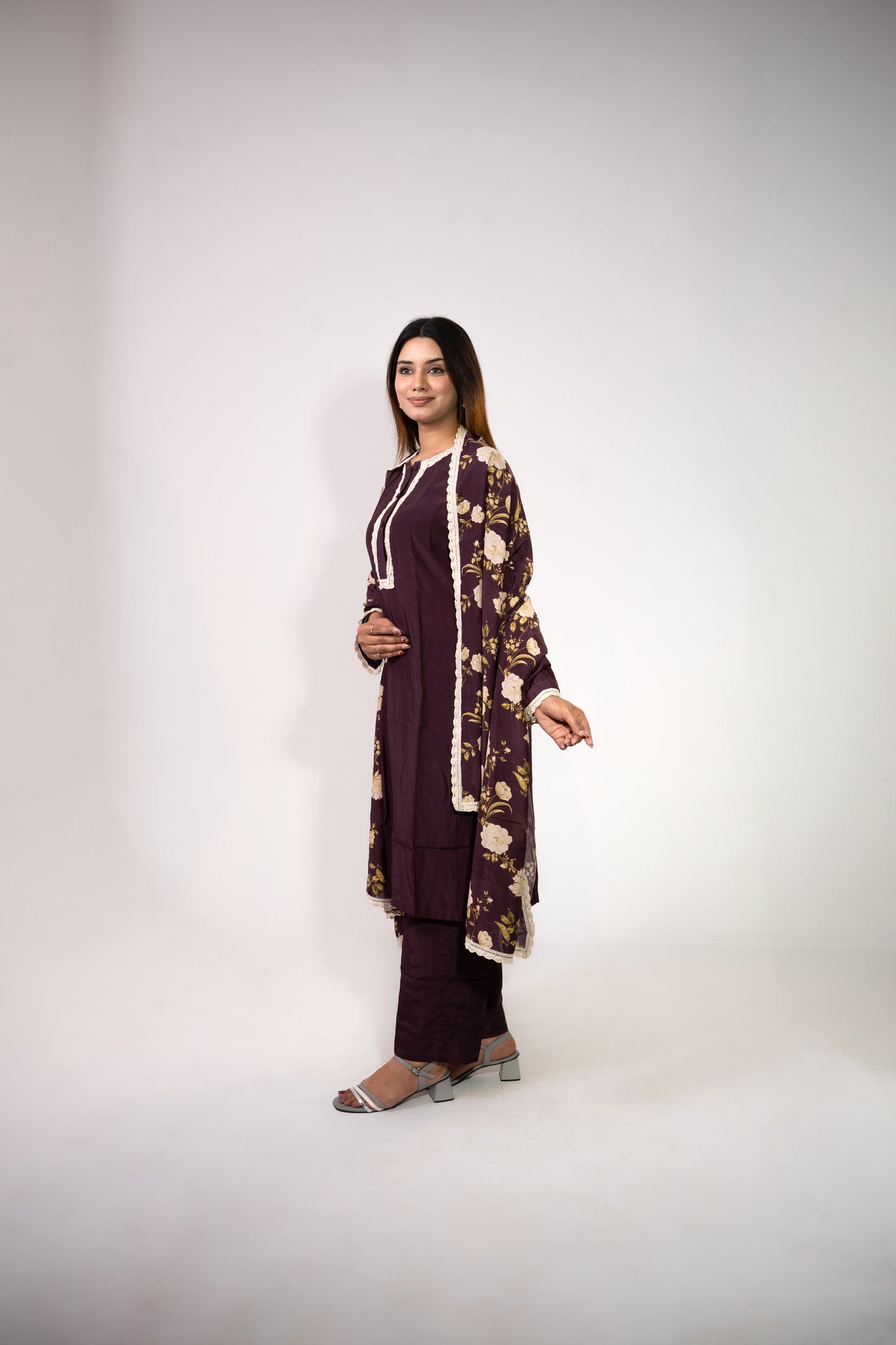 Wine Printed Dupatta Set