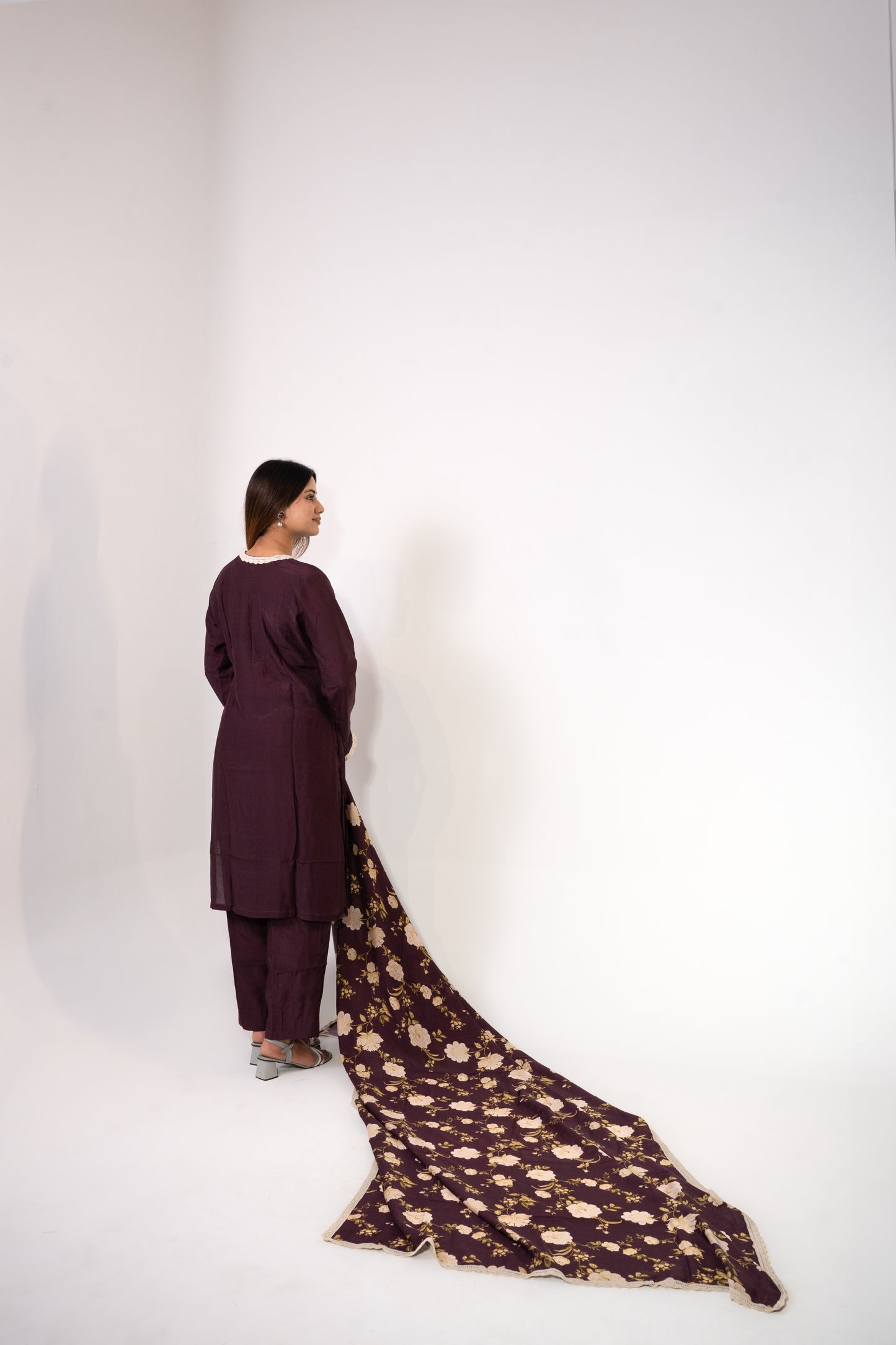 Wine Printed Dupatta Set