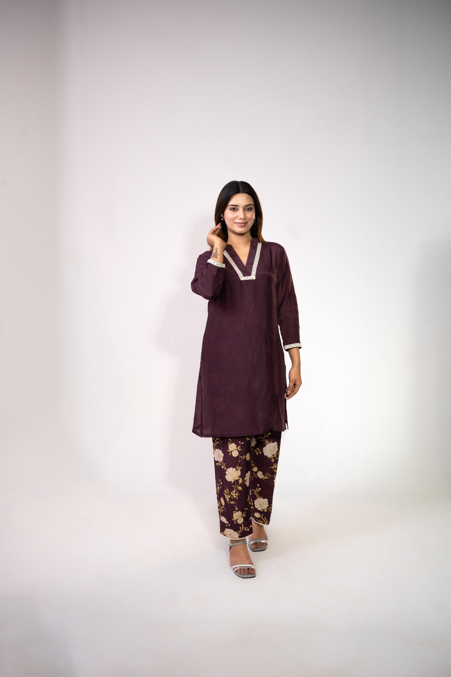 Wine Printed Dupatta Set