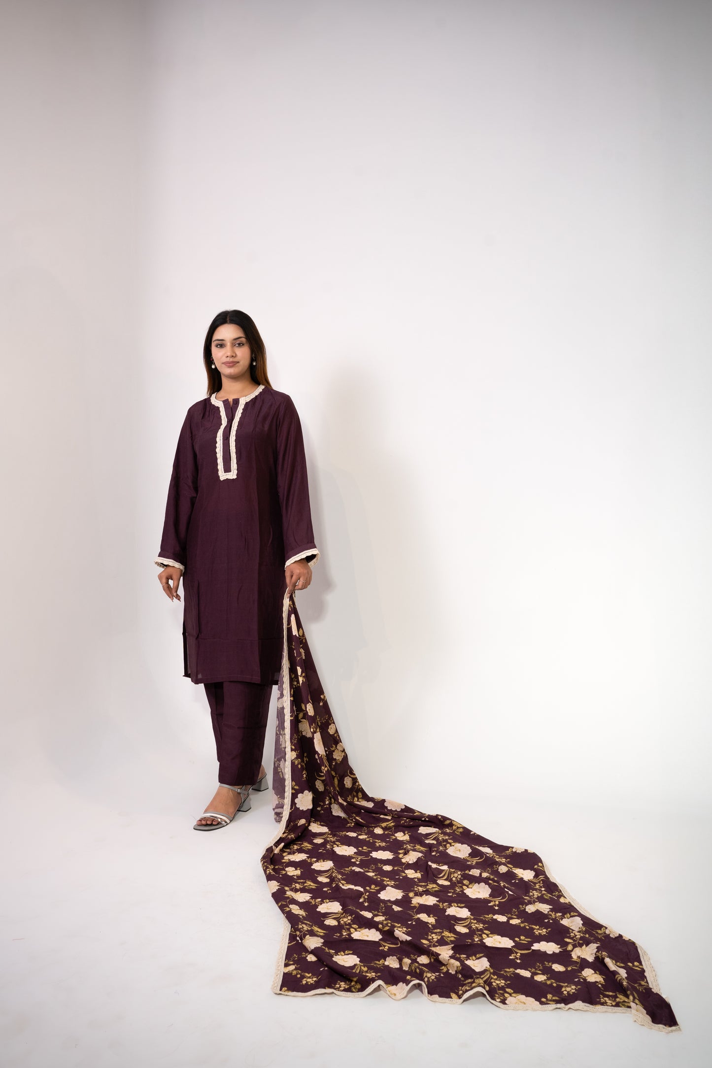 Wine Printed Dupatta Set